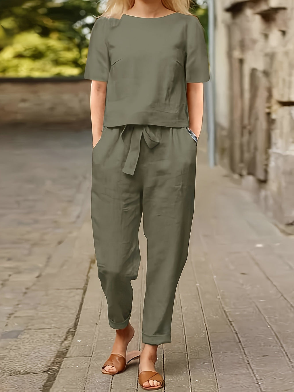 Women's Casual Two-Piece Outfit – Short Sleeve Top & Wide Leg Pants Set