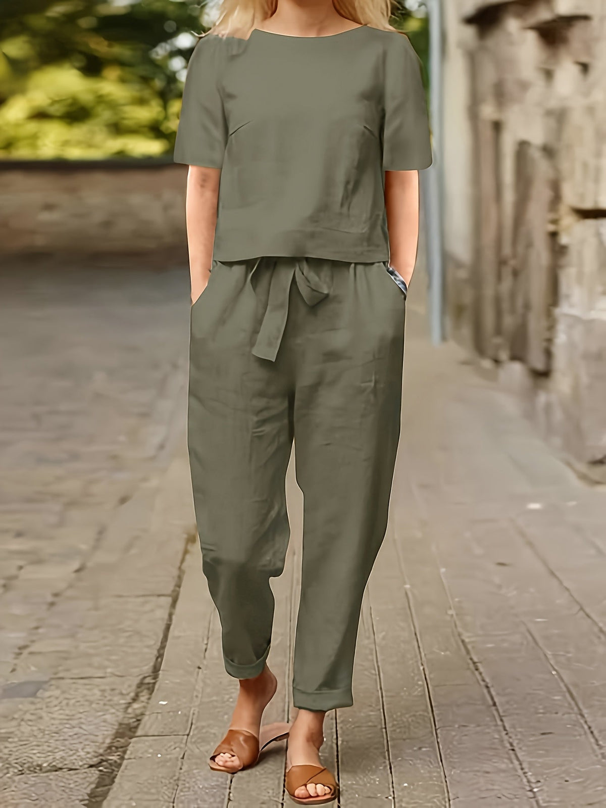 Women's Casual Two-Piece Outfit – Short Sleeve Top & Wide Leg Pants Set