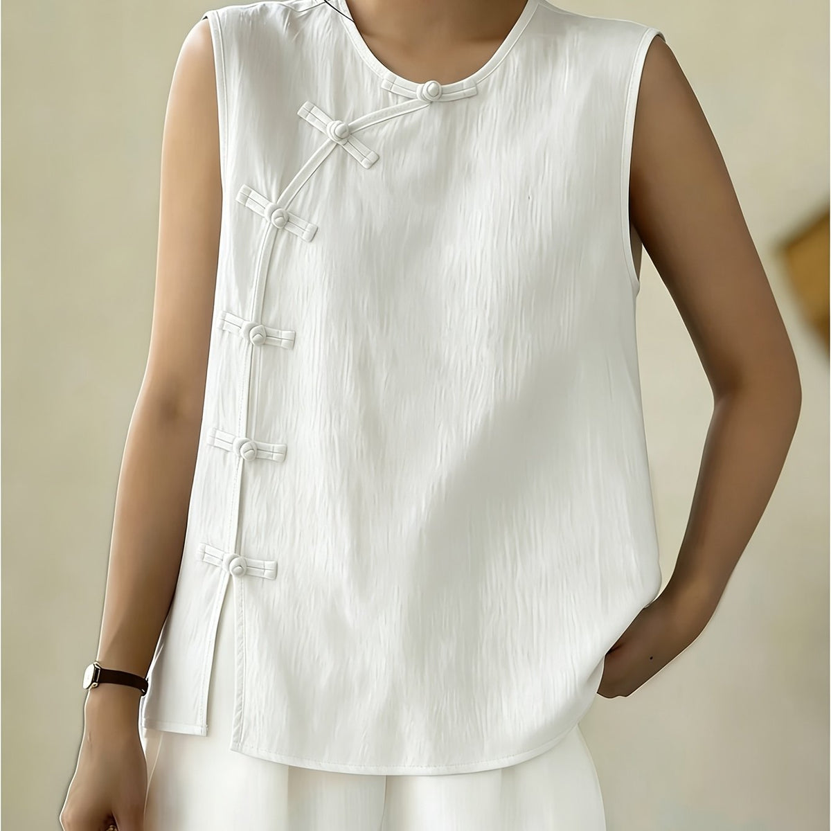 Women's Sleeveless Button Front Blouse – Crew Neck Casual Summer Tank Top