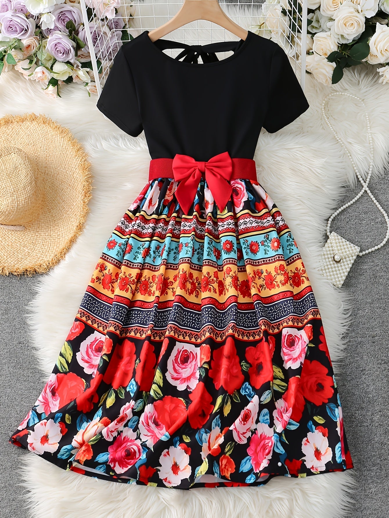 Women's Vintage Floral Print Midi Dress with Bow Belt & Short Sleeves